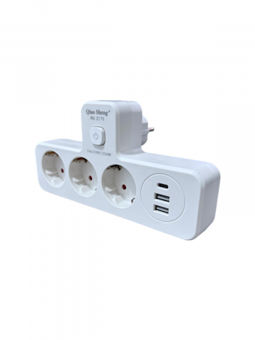 Iluminat & Electrice - Triplu stecher 2500W, cu 3 prize, 2 x USB, 1 x USB-C fastcharge, 20w, cu intrerupator si iluminare LED, AVI-4801