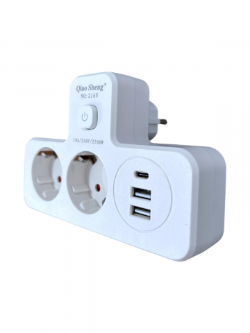 Accesorii prize si intrerupatoare - Triplu stecher 2500W, cu 2 prize, 2 x USB, 1 x USB-C fastcharge, 20w, cu intrerupator si iluminare LED, AVI-4800