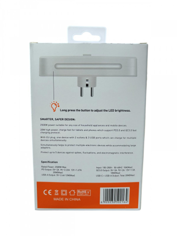 Triplu stecher 2500W, cu 2 prize, 2 x USB, 1 x USB-C fastcharge, 20w, cu intrerupator si iluminare LED, AVI-4800 [6]