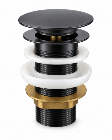 Casa - Ventil pentru lavoar AVI®, 1 1/4", click-clack pop-up, fără prea plin, negru mat, H 75 mm, AVI-5747