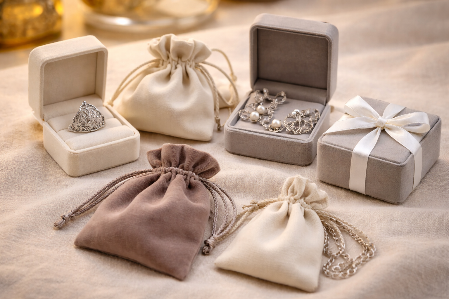 cutii de bijuterii si saculeti textili pentru pastrarea bijuteriilor din argint