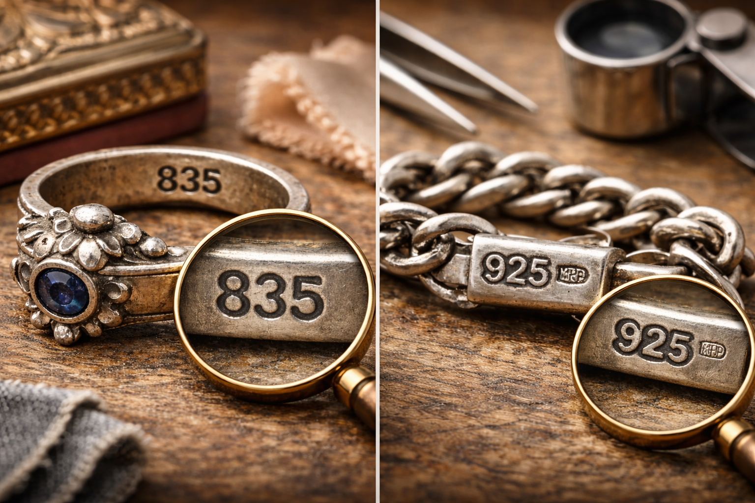 comparatie marcaj argint 835 vs 925 bijuterii vintage diferenta titlu argint