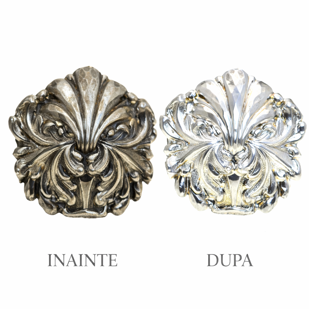 nel din argint vintage inainte si dupa curatare comparatie oxidare si lustruire