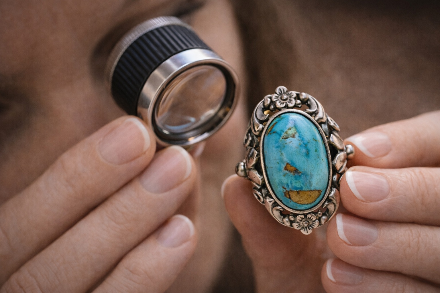 verificare turcoaz natural cu lupa bijutier