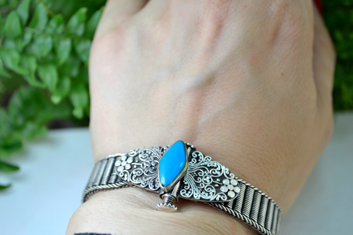 Bratara argint masiva etnica veche email turcoaz india perioada coloniala [2]
