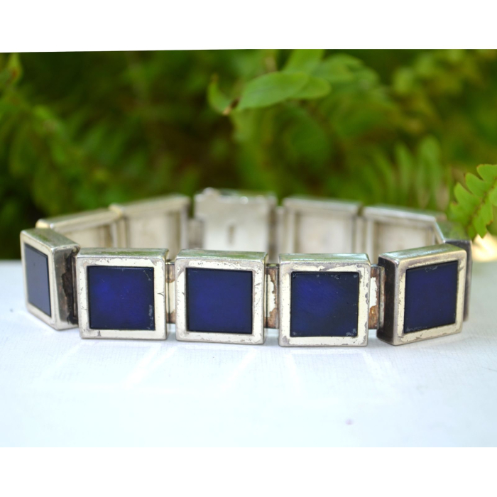 Bratara argint masiv Mid-Century, email Royal Blue, semnata [4]