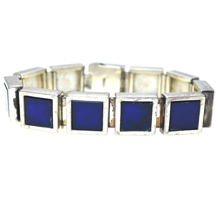 Bratara argint masiv Mid-Century, email Royal Blue, semnata [1]