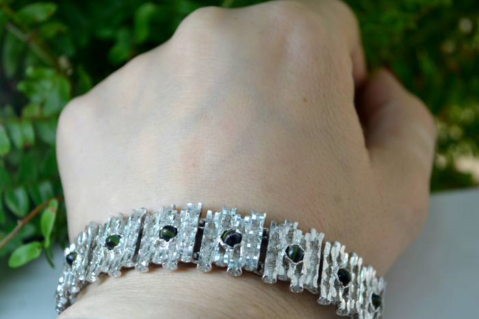 Bratara argint Mid Century Agate verzi striate stil modernist brutalist [3]