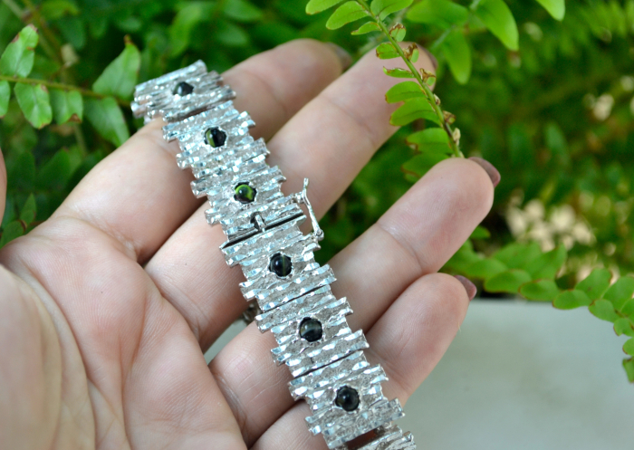 Bratara argint Mid Century Agate verzi striate stil modernist brutalist [2]