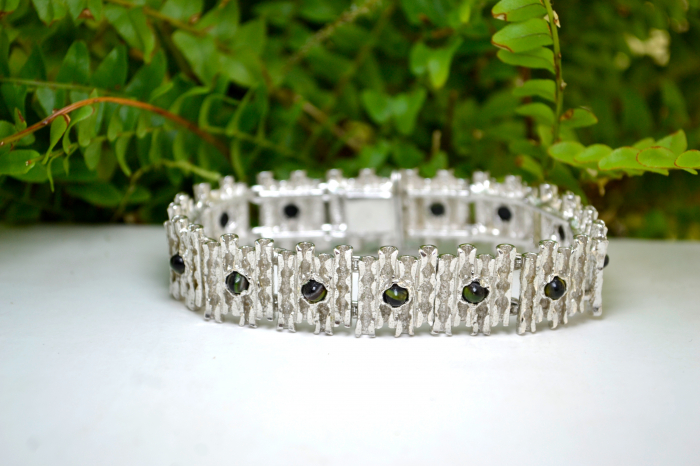 Bratara argint Mid Century Agate verzi striate stil modernist brutalist [4]