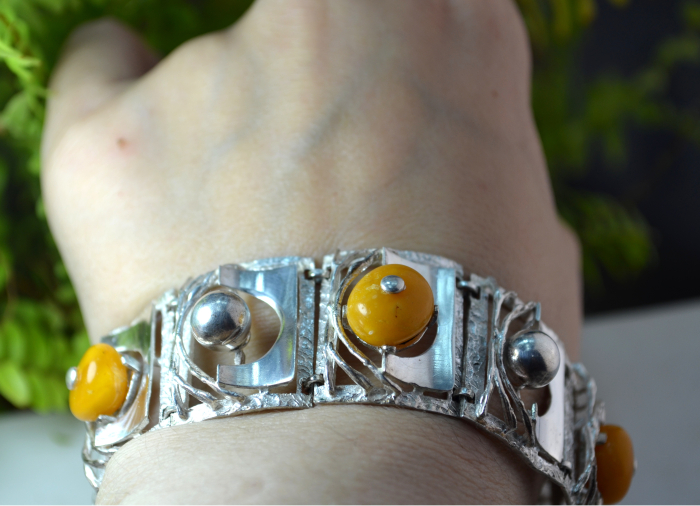 Bratara argint Mid-Century, chihlimbar galben natural [3]