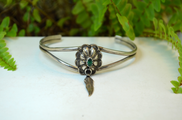 Bratara argint Navajo Eagle Feather design etnic amerindieni malachit natural piesa semnata designer indian  [3]