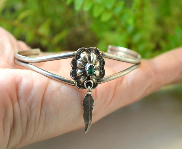 Bratara argint Navajo Eagle Feather design etnic amerindieni malachit natural piesa semnata designer indian  [4]