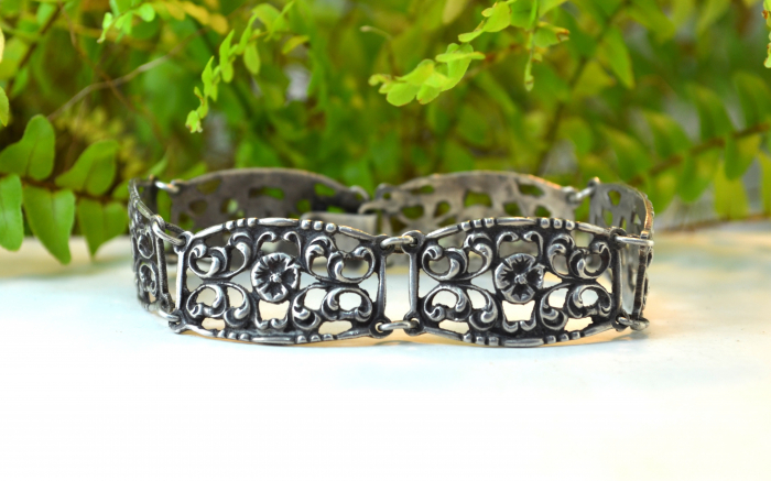 Bratara argint vintage decorata bogate motive Quatrefoil [4]