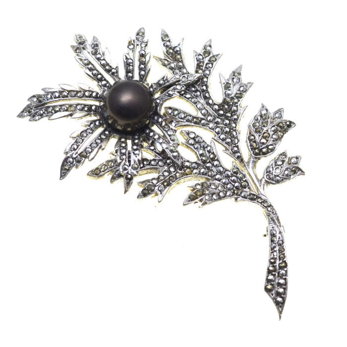 Brosa argint Armurariu vintage, marcasite si perla neagra [1]