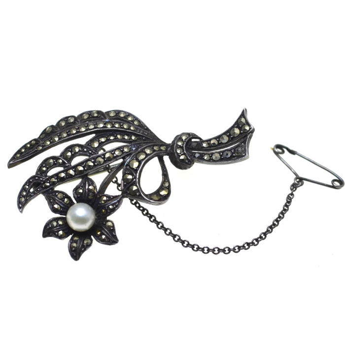 Brosa argint Art Deco, marcasite si perla A Vintage Collection [1]