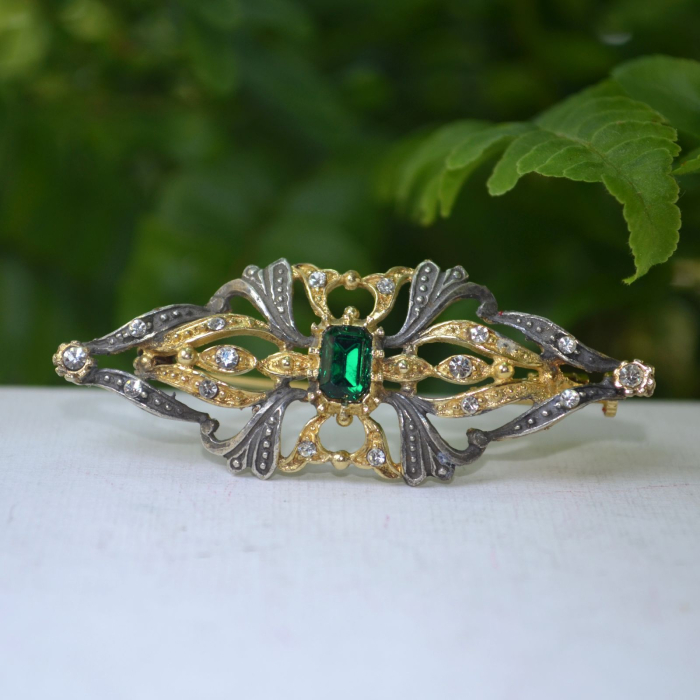 Brosa argint aurit Victorian Revival, Green Crystal A Vintage Collection [4]