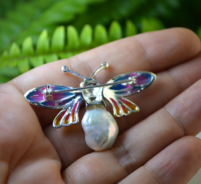 Brosa argint Fluture, email si perla perla Baroque [3]