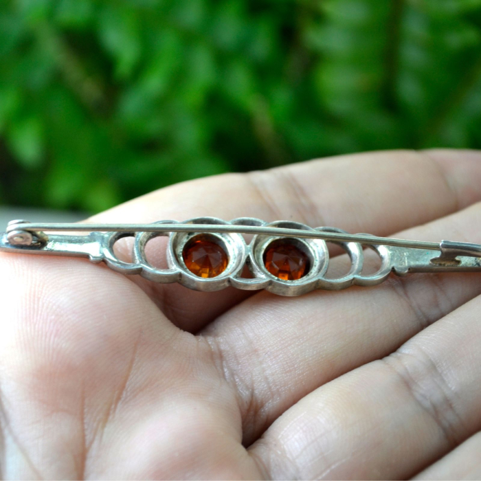 Brosa argint interbelica Cognac Czech Crystal cristale Bohemia lucrata manual stil minimalist Art Deco [3]