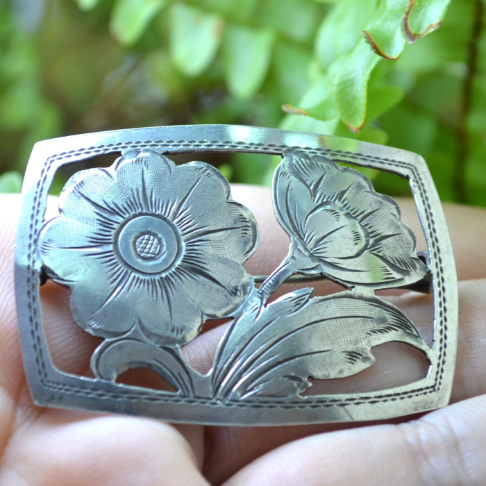 Brosa argint interbelica, design floral Art Nouveau [2]