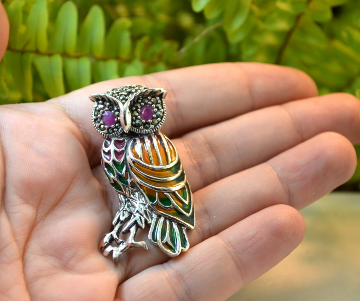 Brosa argint modernista model Bufnita email Plique-a-Jour marcasite rubine  [2]