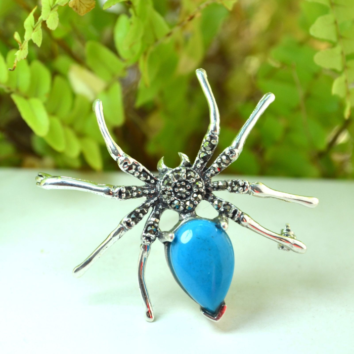 Brosa argint, model Spider, turcoaz si marcasite [4]