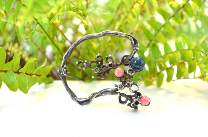 Brosa argint modernista cuart roz lapis lazuli design brutalist [4]