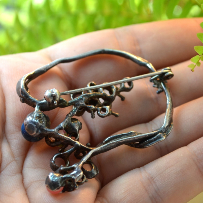 Brosa argint modernista cuart roz lapis lazuli design brutalist [3]