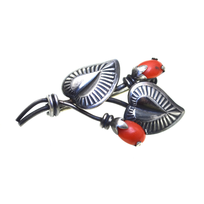 Brosa argint vintage, coral natural, semnata Teka [1]