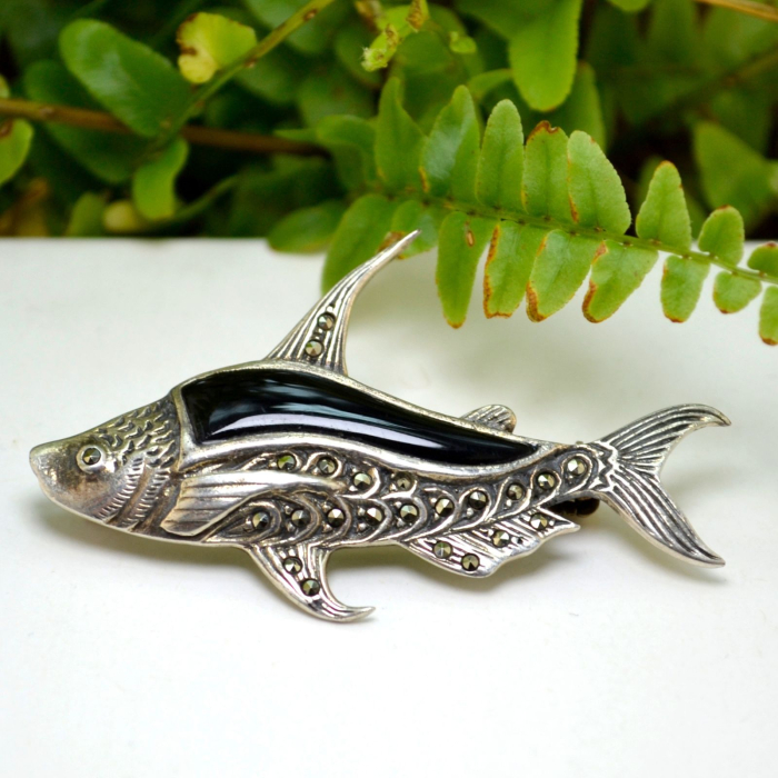 Brosa argint vintage model Fish onix marcasite [4]