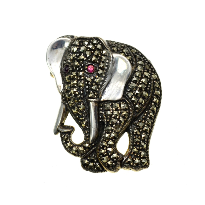 Brosa argint vintage model Elefant simbol al norocului al prosperitatii decorat marcasite rubine [1]