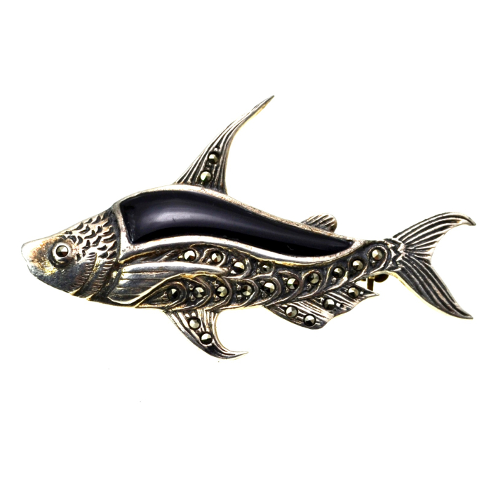 Brosa argint vintage model Fish onix marcasite [1]