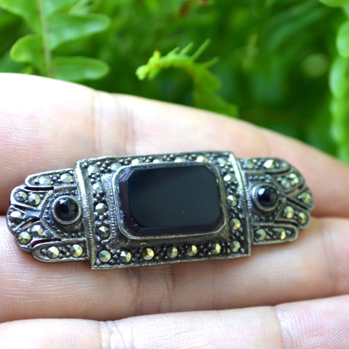 Brosa argint vintage, onix si marcasite [2]