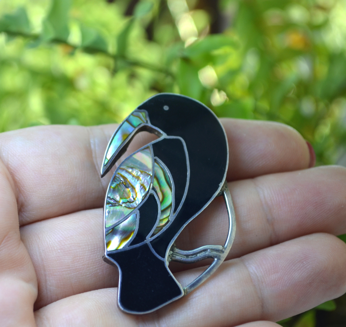 Brosa argint vintage, Tucan, onix si abalone [3]