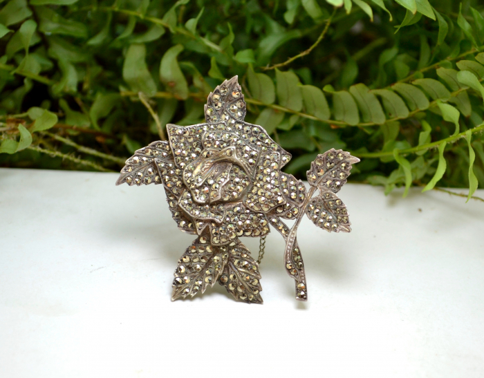 Brosa din argint interbelica model Trandafir marcasite [4]