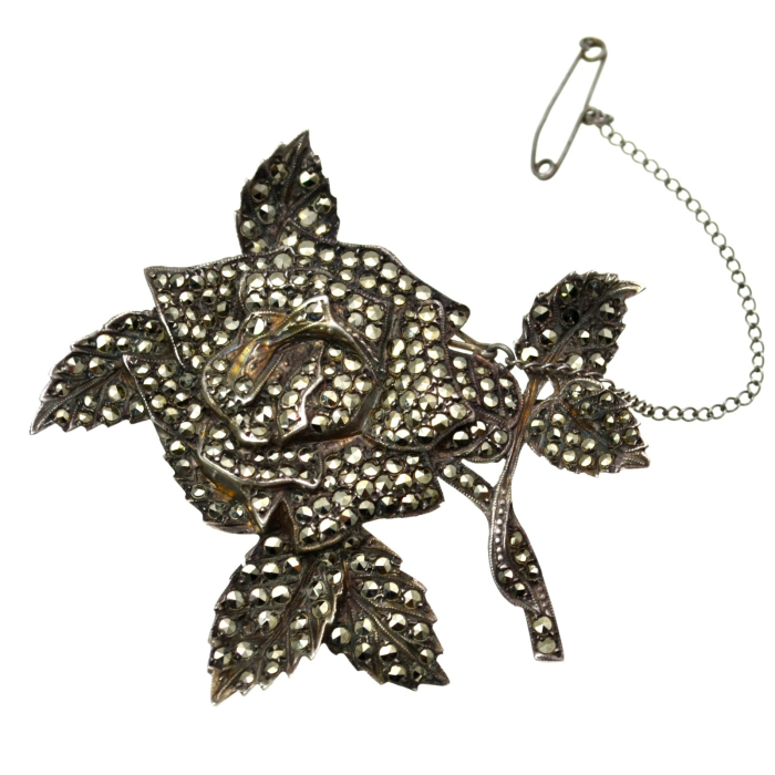 Brosa din argint interbelica model Trandafir marcasite [1]