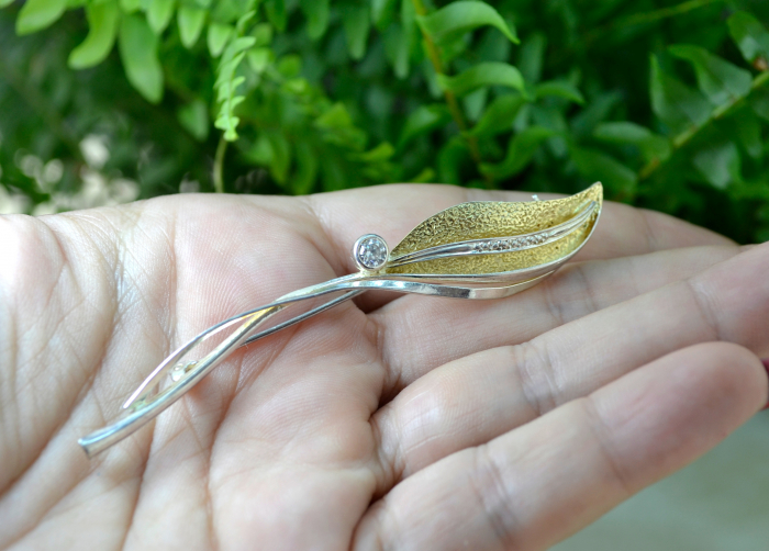 Brosa din argint Mid-Century, model Leaf, semnata [2]