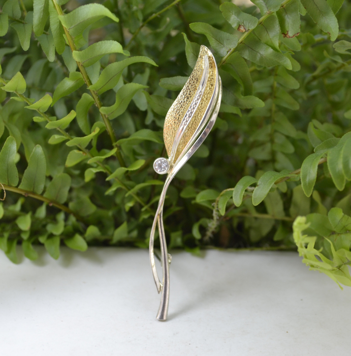 Brosa din argint Mid-Century, model Leaf, semnata [4]