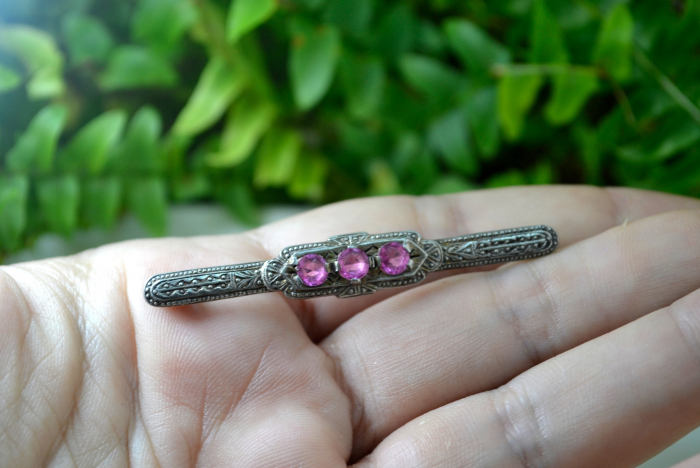 Brosa din argint veche art deco decorata Pink Crystal [2]