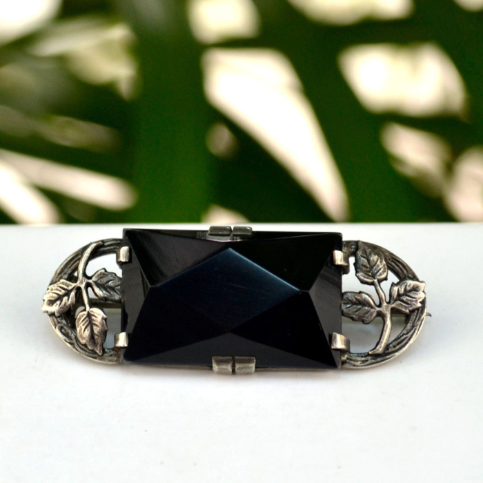 Brosa edwardiana argint french jet black glass art nouveau [4]