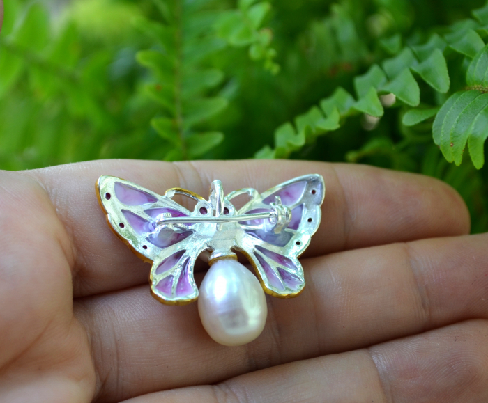 Brosa-pandant argint Fluture, rubine si perle naturale [3]