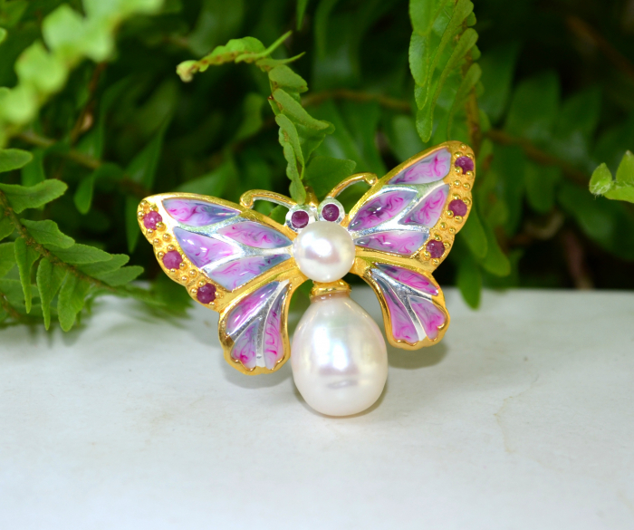 Brosa-pandant argint Fluture, rubine si perle naturale [4]