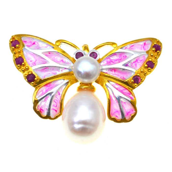 Brosa-pandant argint Fluture, rubine si perle naturale [1]