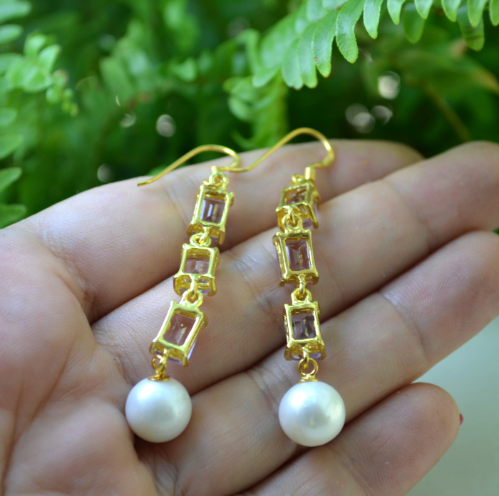 Cercei argint aurit, ametiste Lavanda si perle naturale [3]
