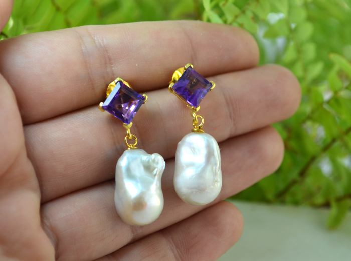 Cercei argint aurit, ametiste si perle naturale Baroque [2]