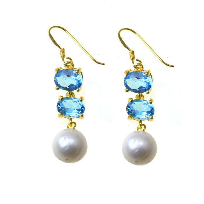 Cercei argint aurit, Blue Topaz si perle naturale [1]