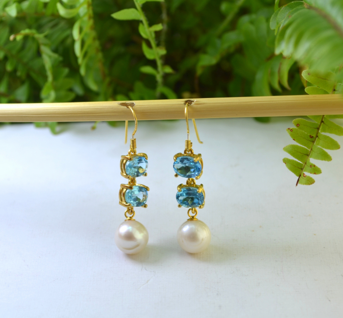 Cercei argint aurit, Blue Topaz si perle naturale [4]