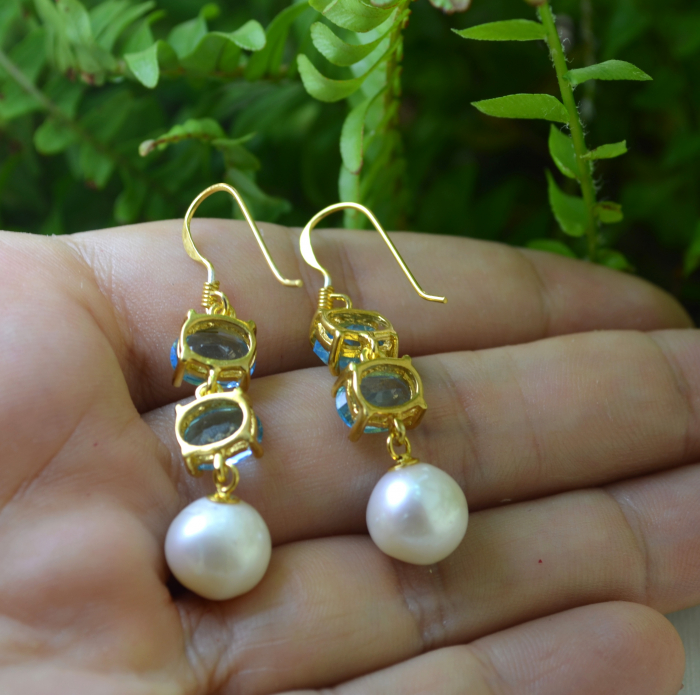 Cercei argint aurit, Blue Topaz si perle naturale [3]