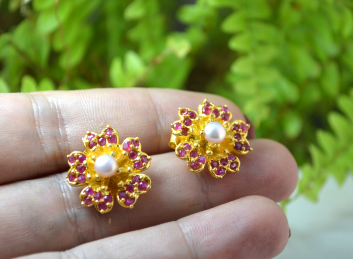 Cercei argint aurit, rubine si perle naturale [2]