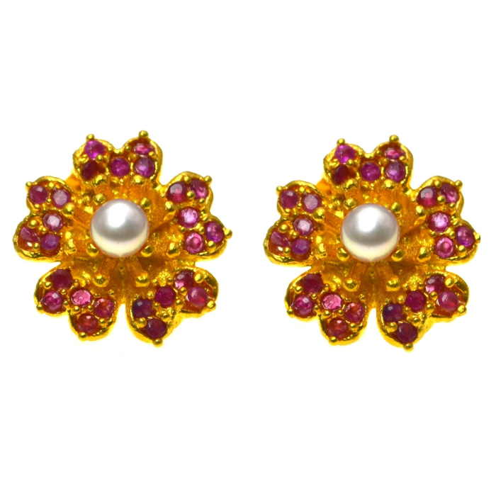 Cercei argint aurit, rubine si perle naturale [1]